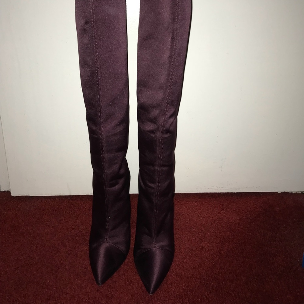 Satin burgundy, deep plum knee high boot